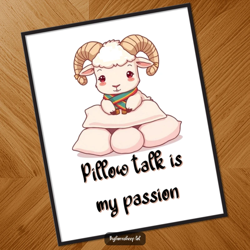 Funny Free Printable Wall Art: Regal bighorn sheep in a sash comically diving into a pile of soft pillows.