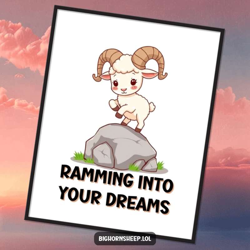 Funny Free Printable Wall Art: A cute bighorn sheep with curly horns energetically hops on a rock, bringing playful charm to your decor.