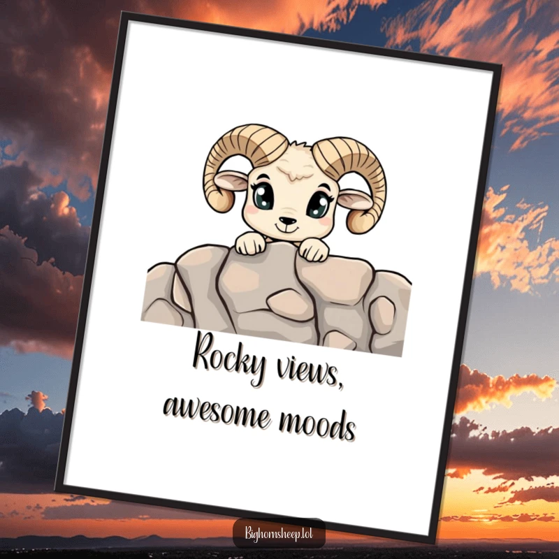 Funny Free Printable Curious Bighorn Sheep Art: A sheep with large, expressive eyes, peeking inquisitively over a rocky formation.