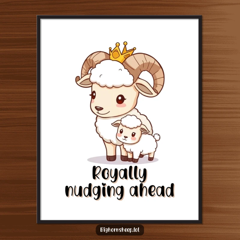 Funny Free Printable Wall Art: A bighorn sheep wearing a crown gives a friendly nudge, exuding royal, humorous charm.