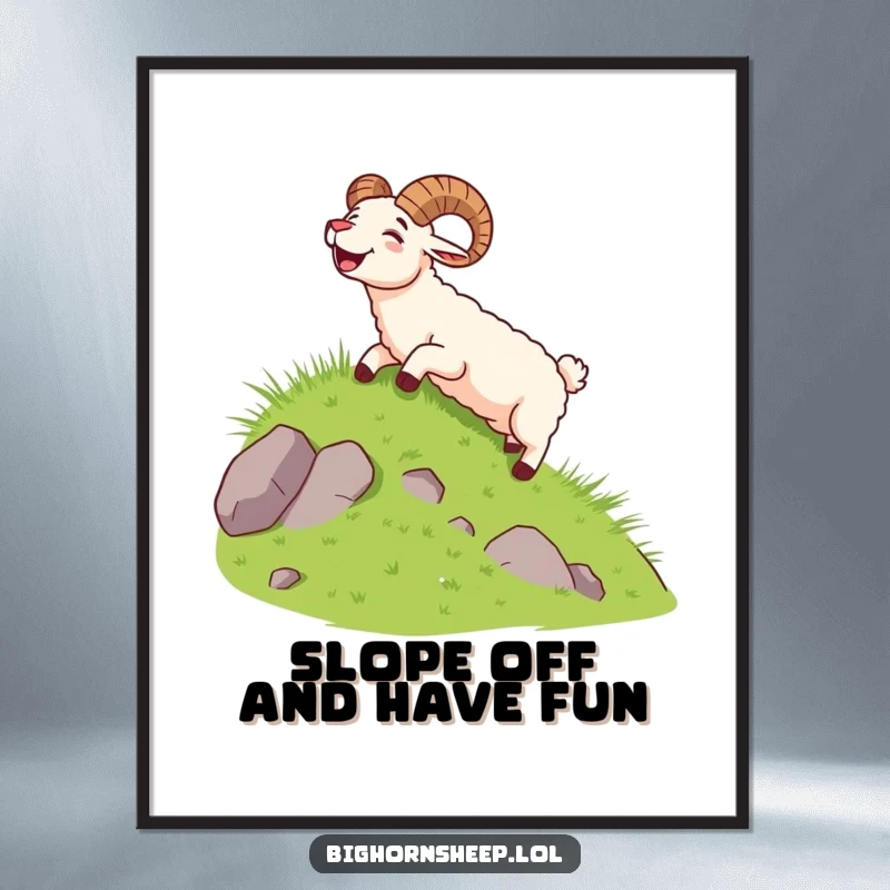 Funny Free Printable Wall Art: A bighorn sheep joyfully slides down a grassy hill with an excited yell.