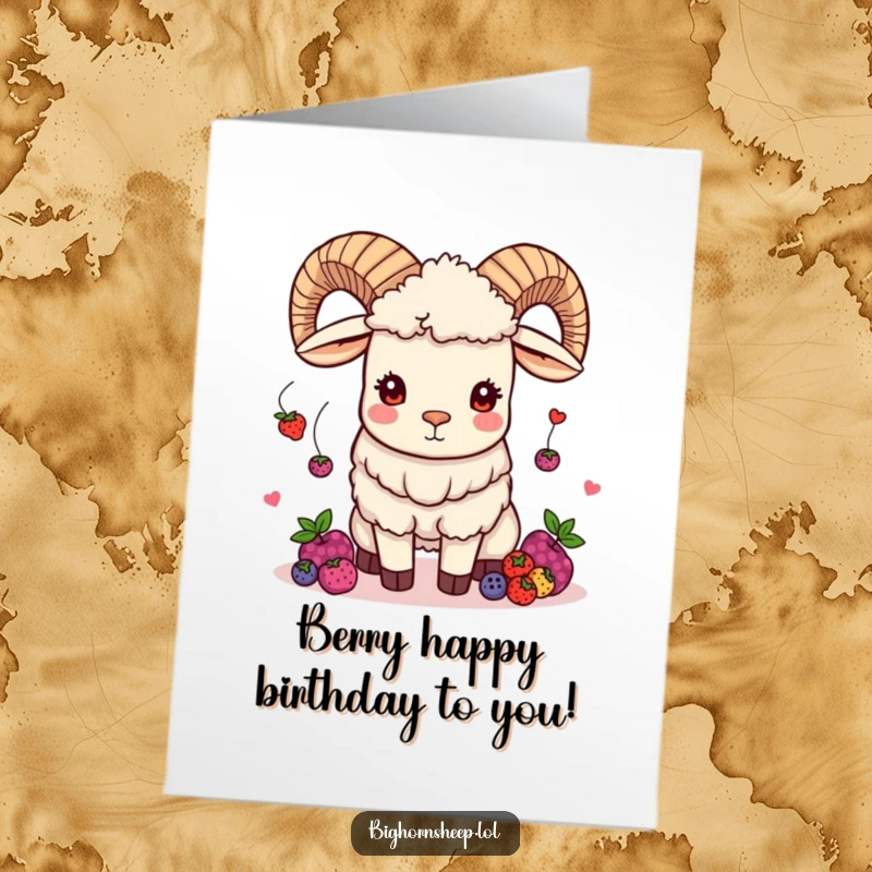 Funny Free Printable Birthday Card: A bighorn sheep with a cheeky grin juggles colorful berries, spreading vibrant birthday energy.
