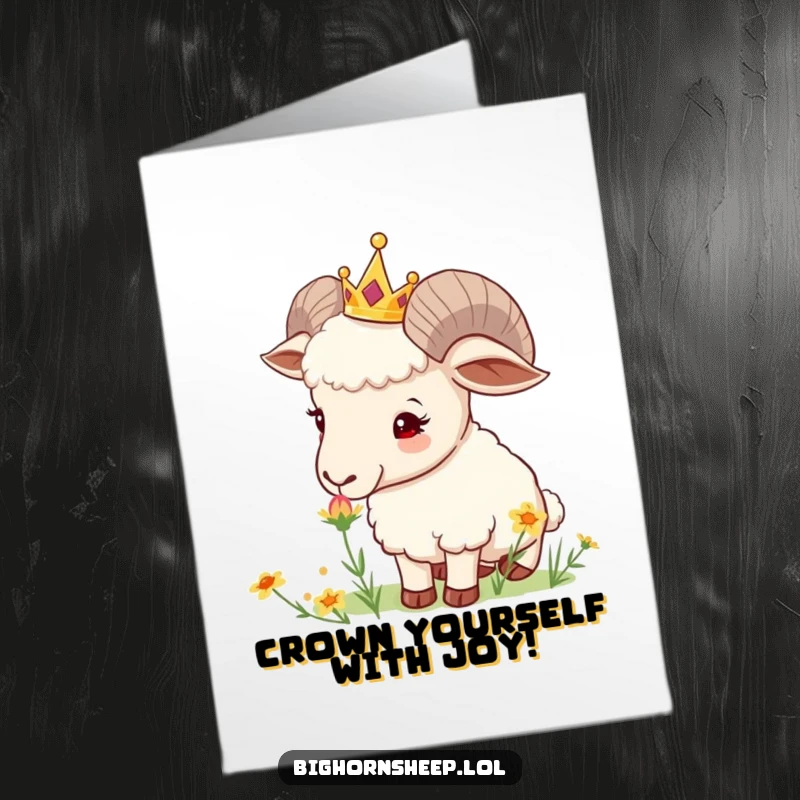 Funny Free Printable Birthday Card: A curious bighorn sheep wearing a tiny crown gently sniffs a colorful wild flower, celebrating nature's beauty.