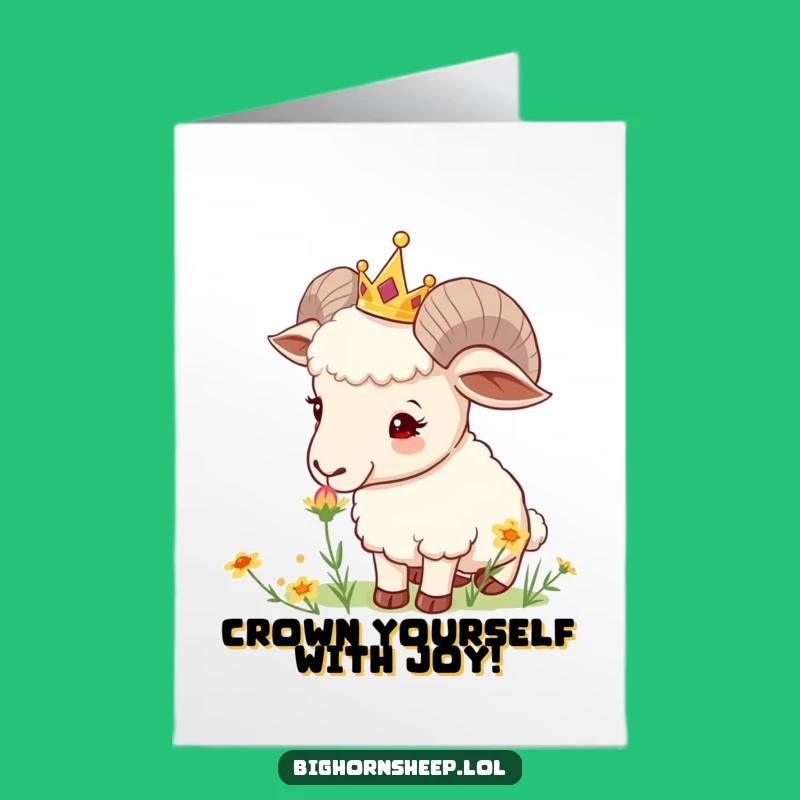 Free Printable Bighorn Birthday Card: Crowned Sheep & Flower, Cute DIY Download