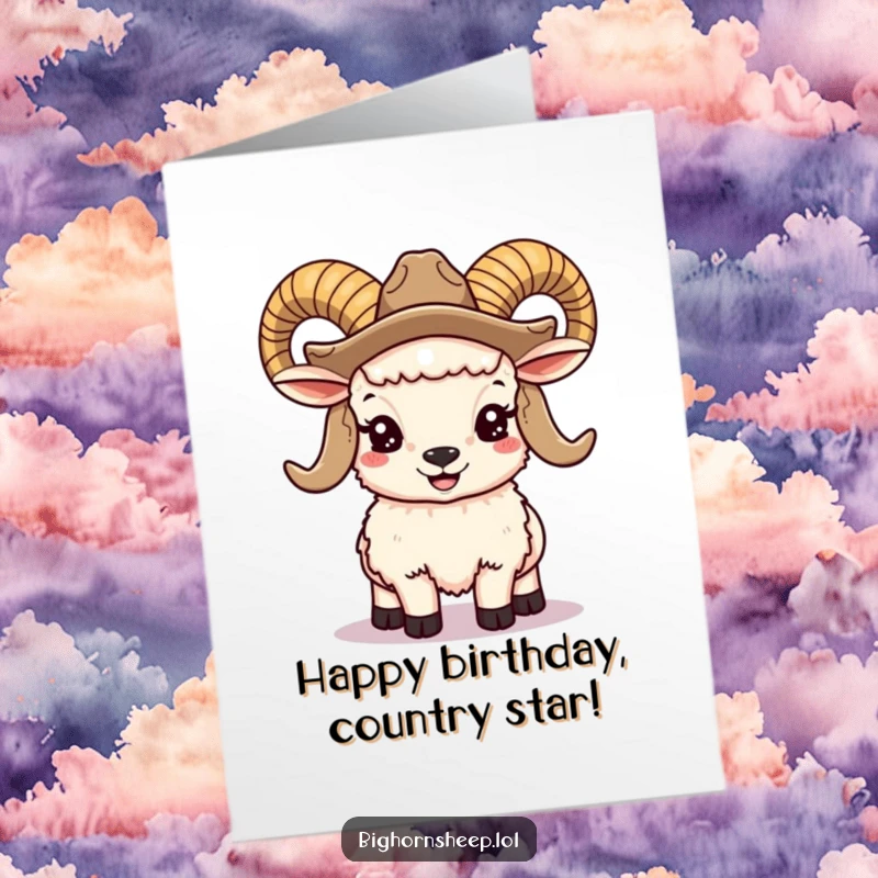 Funny Free Printable Birthday Card: cute bighorn sheep, large horns, cowboy hat, smiling, downloadable art, DIY gift.