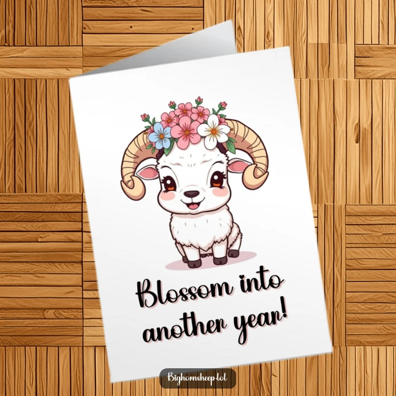 Funny Free Printable Birthday Card: A giggling bighorn sheep wears a crown made of vibrant alpine blossoms, spreading pure joy and birthday cheer.