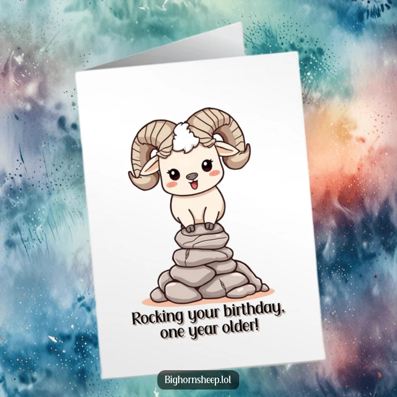 Funny free printable birthday card shows a happy bighorn sheep character with a huge grin, perfectly balancing a tall stack of small rocks.