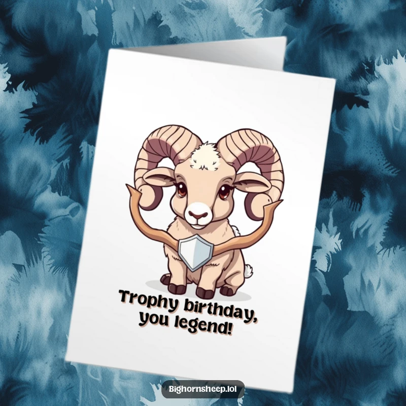 Funny Free Printable Birthday Card: A proud bighorn sheep beaming while holding up a gleaming trophy, celebrating a major milestone.