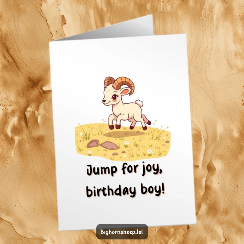 Funny free printable birthday card shows a bighorn sheep cub leaping with pure energy across a bright, sunny meadow.