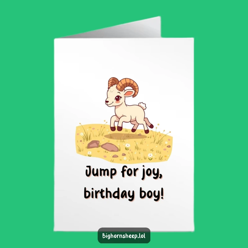 Free Printable Birthday Card: Energetic Bighorn Sheep Cub Meadow Fun Gift