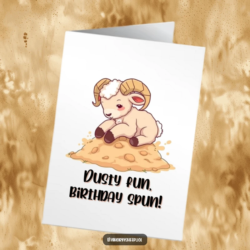 Funny free printable birthday card shows a joyful bighorn sheep cub gleefully rolling in the dirt, ready for a laugh.