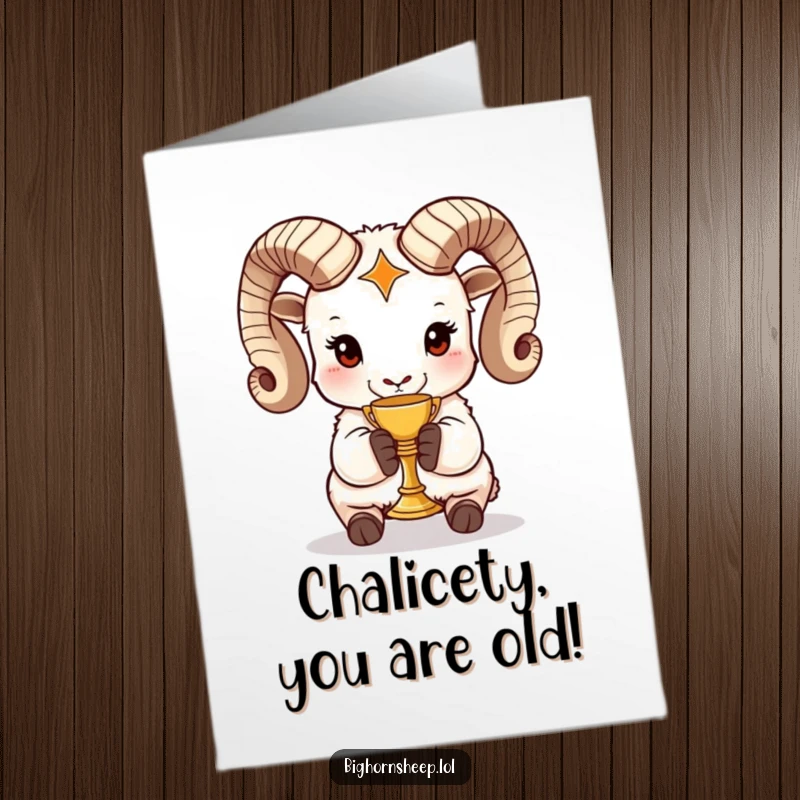 Funny Free Printable Birthday Card: Bighorn sheep in a crown, holding a tiny golden chalice with pride, ready to celebrate.