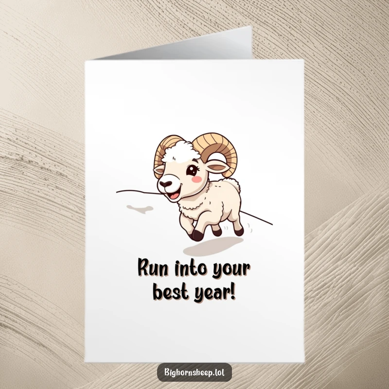 Funny Free Printable Birthday Card: Bighorn sheep joyfully runs downhill with an open mouth, radiating pure birthday excitement.