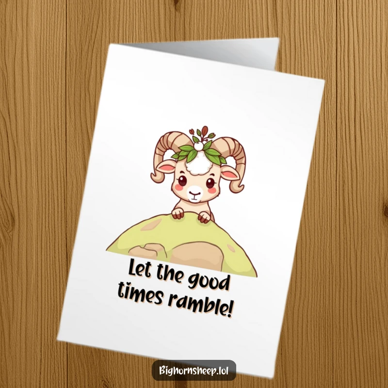 Funny Free Printable Birthday Card featuring a mischievous bighorn sheep in a leafy crown, peeking playfully over a ridge.