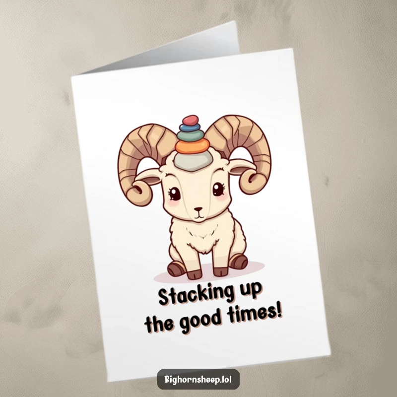 Funny Free Printable Birthday Card: Bighorn sheep impressively balances colorful pebbles on its horns with a focused, comical look.