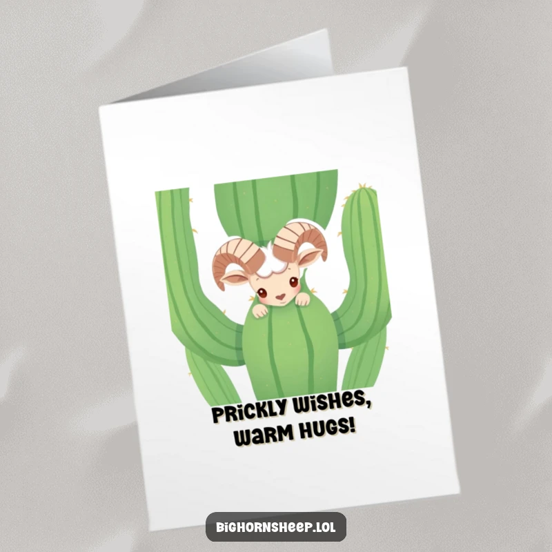 Funny Free Printable Birthday Card: Shy Bighorn Sheep peeking from behind a cactus, looking adorable and bashful.