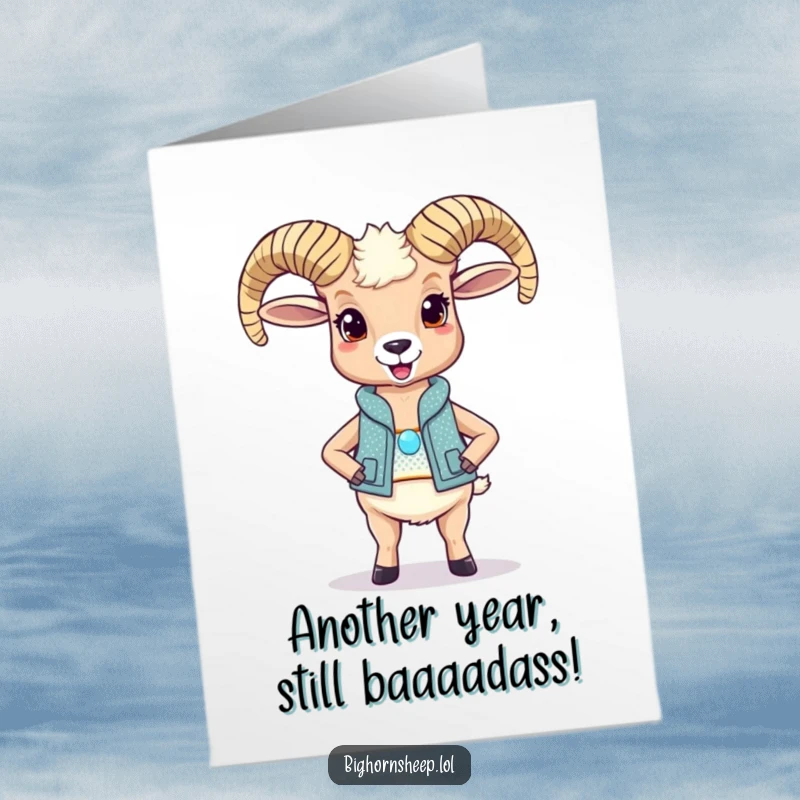 Funny Free Printable Birthday Card featuring a delighted bighorn sheep in a sparkly vest striking a proud pose.