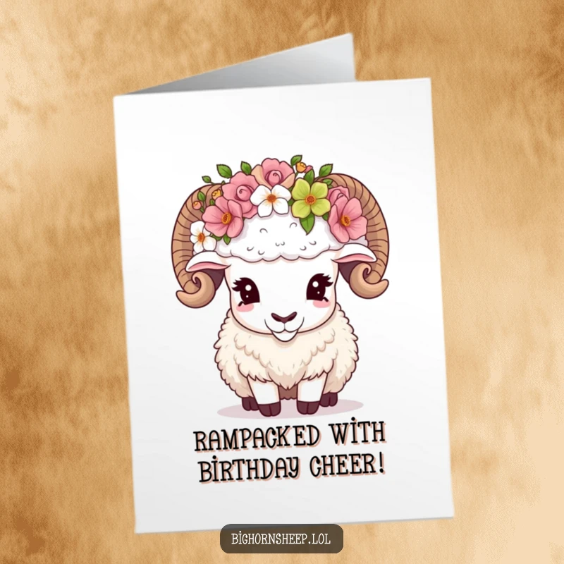 Funny Free Printable Birthday Card of a bighorn sheep struggling to adjust a comically oversized, colorful flower crown, looking perplexed.