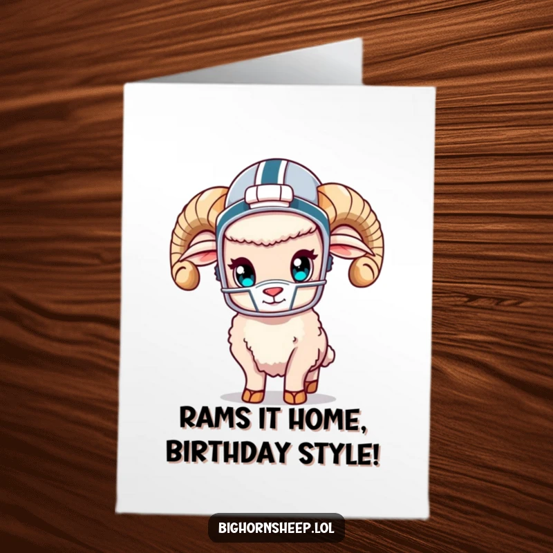 Funny Free Printable Birthday Card featuring a cute bighorn sheep in a tiny football helmet, ready to tackle the birthday fun.