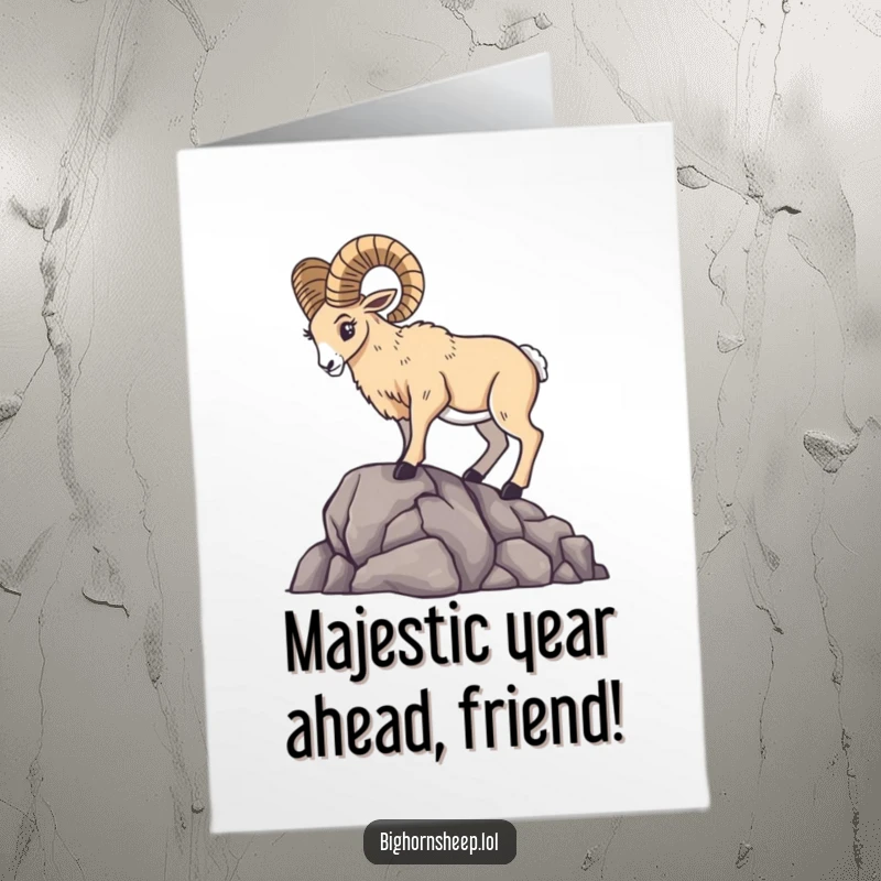 Funny Free Printable Birthday Card featuring a bighorn sheep striking a dramatic pose atop a rocky outcrop.