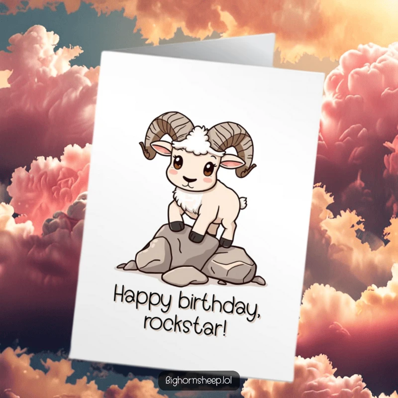 Funny Free Printable Birthday Card: Bighorn sheep with a determined expression attempts to balance a stack of rocks.