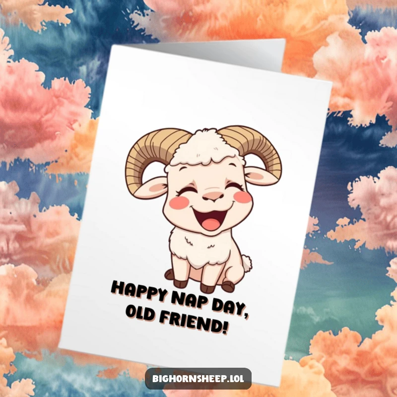 Funny Free Printable Birthday Card: A bighorn sheep yawning widely with a contented smile, expressing pure relaxation and birthday wishes.