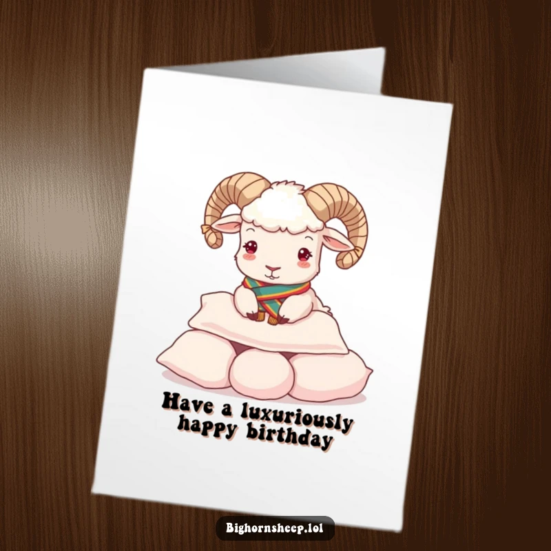 Funny Free Printable Birthday Card: Regal bighorn sheep in a sash comically dives into a pile of soft pillows.