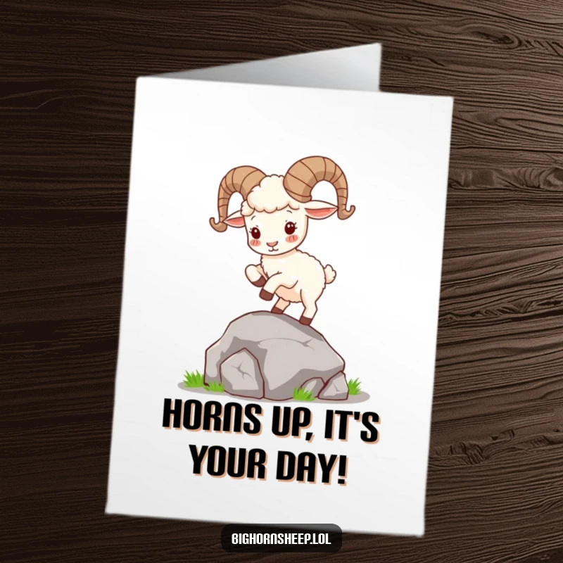Funny Free Printable Birthday Card: Cute bighorn sheep with curly horns joyfully hopping on a rock, perfect for any celebration.
