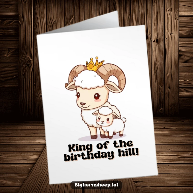 Funny Free Printable Birthday Card: A crowned bighorn sheep offers a gentle, regal nudge to a smaller sheep, celebrating royalty.