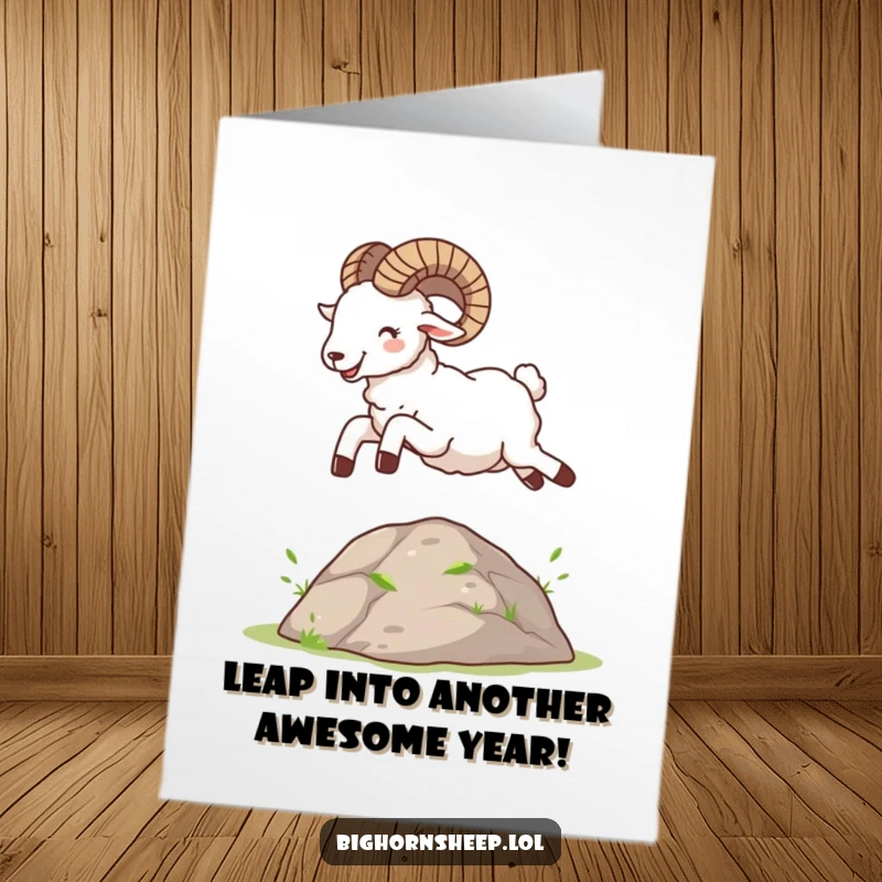 Funny Free Printable Bighorn Sheep Birthday Card: A joyful sheep mid-leap, celebrating with pure glee and boundless energy.
