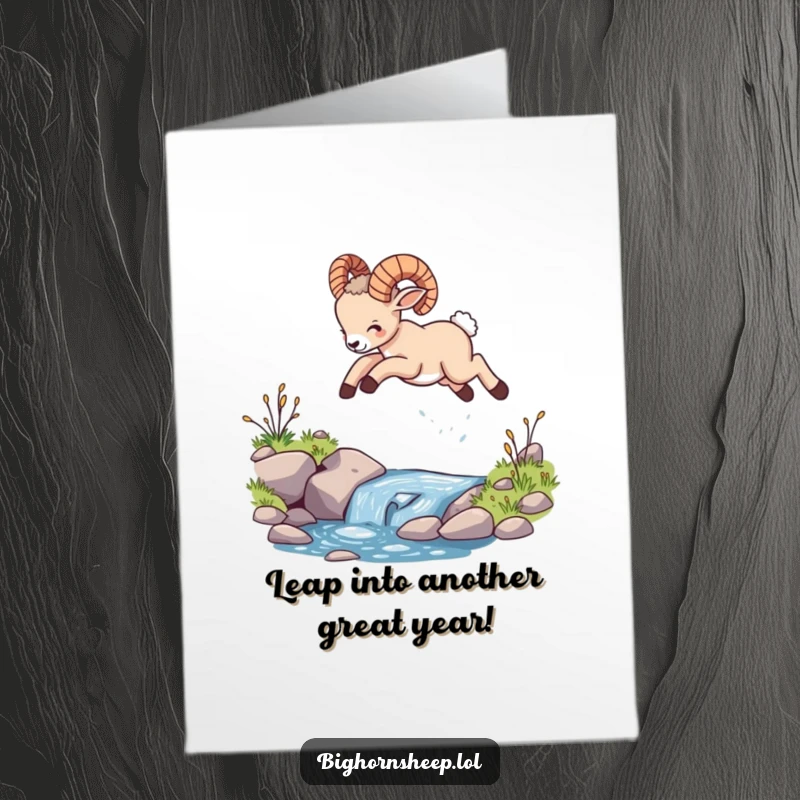 Funny Free Printable Bighorn Sheep Birthday Card: A cute cub leaping joyfully over a stream.