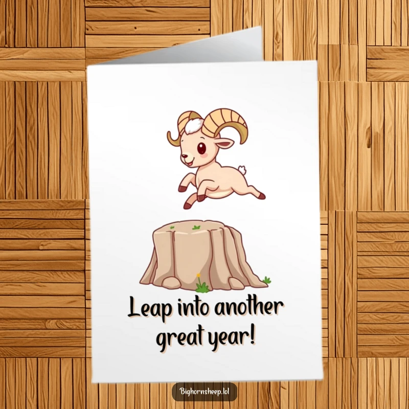 Funny Free Printable Birthday Card: An energetic bighorn sheep character joyfully leaping over a cartoon canyon.