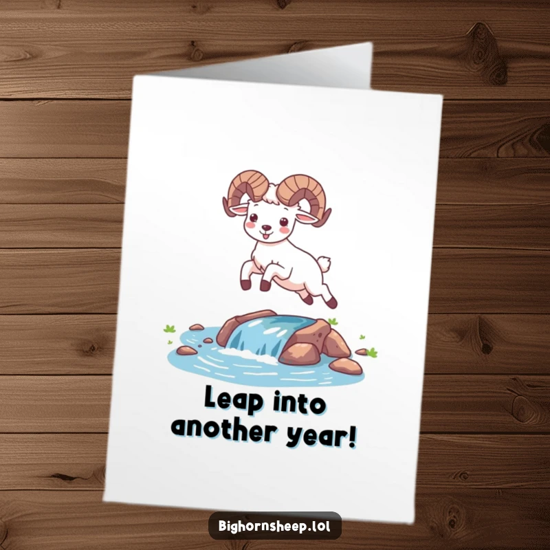 Funny Free Printable Birthday Card: A jubilant Bighorn Sheep leaping gleefully over a small stream, full of birthday cheer.