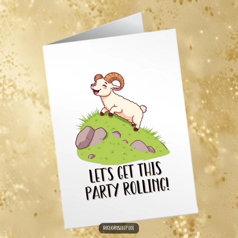 Funny Free Printable Birthday Card: A bighorn sheep gleefully slides down a grassy slope, letting out a happy yell.