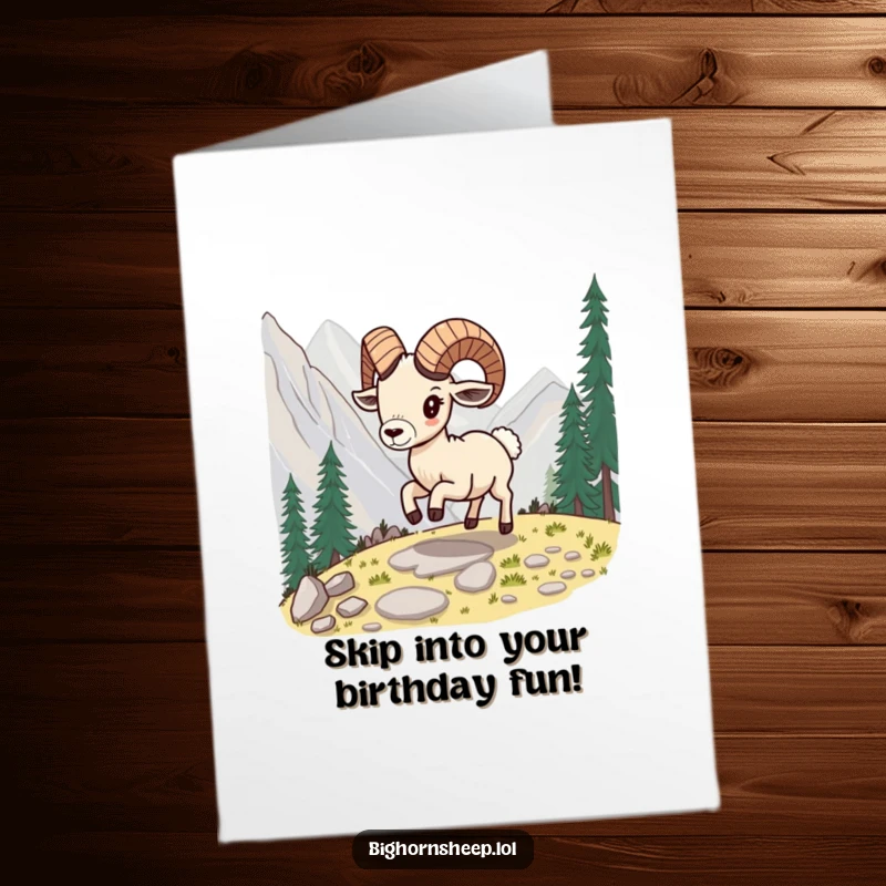 Funny Free Printable Bighorn Sheep Birthday Card: A sheep energetically skipping with joy along a scenic mountain path.