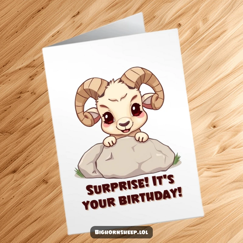 Funny free printable birthday card shows a bighorn sheep with a cheeky grin peeking out from behind a massive, textured boulder.