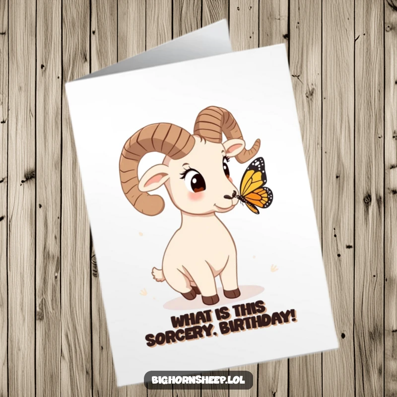 Funny free printable birthday card shows a bighorn sheep tilting its head with curiosity at a fluttering butterfly nearby.