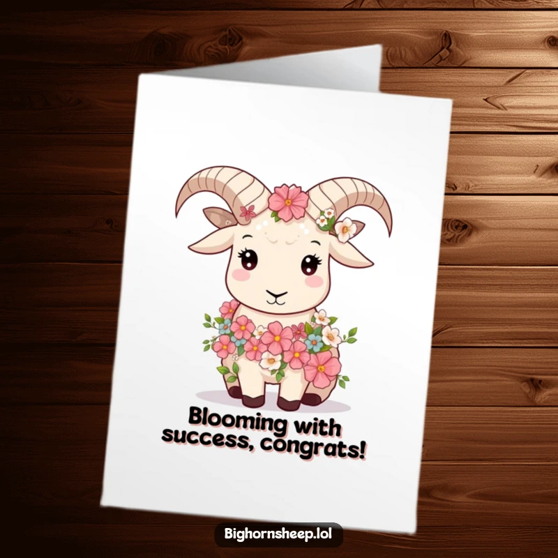 Funny Free Printable Congrats Card: Bighorn sheep wearing a flower garland looks serene, celebrating a tranquil victory.