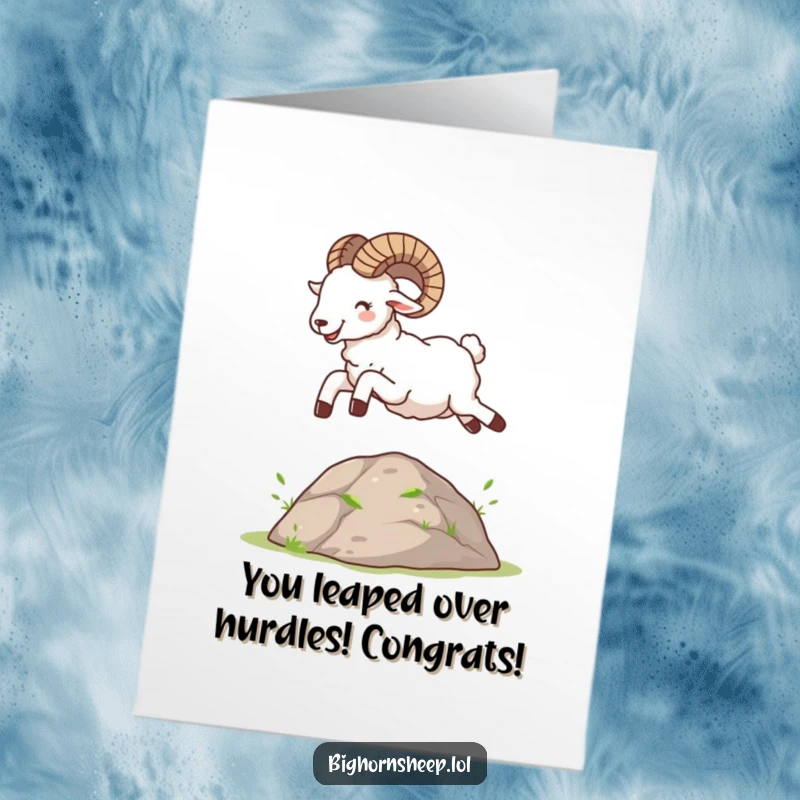 Funny Free Printable Bighorn Sheep Congrats Card: A ecstatic sheep caught mid-leap, symbolizing a victorious moment and pure elation.