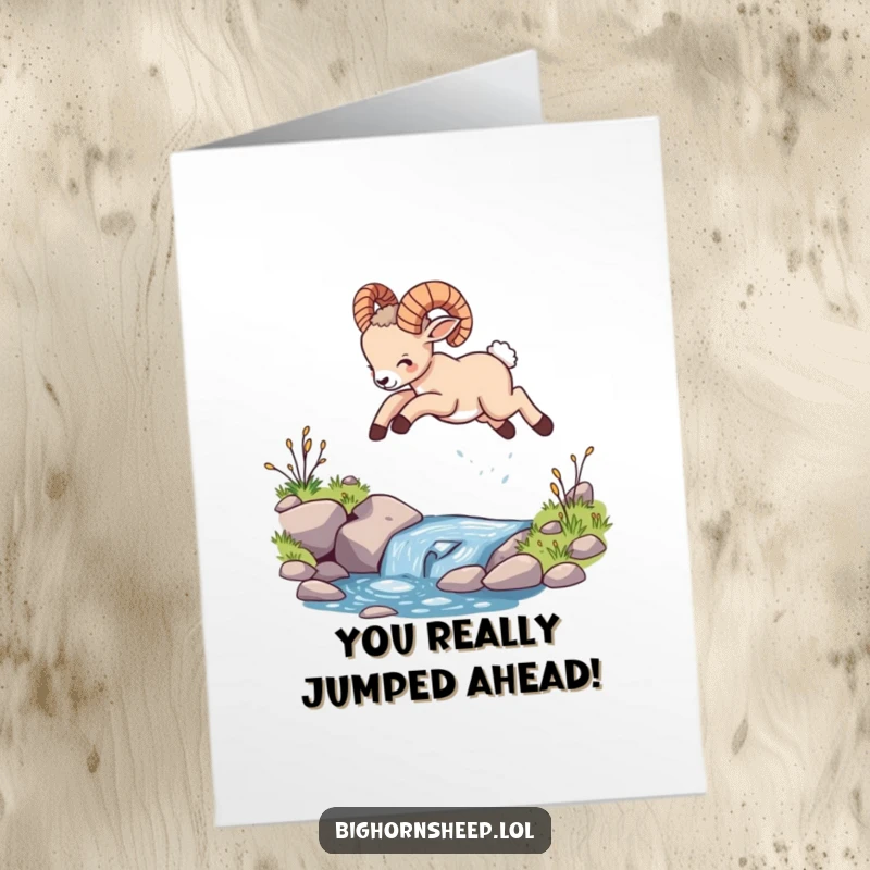 Funny Free Printable Bighorn Sheep Congratulations Card: A happy cub leaping over water, symbolizing achievement.