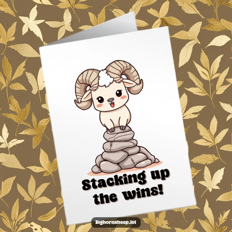 Funny free printable congratulations card shows a bighorn sheep balancing a precarious stack of rocks, symbolizing a great achievement.