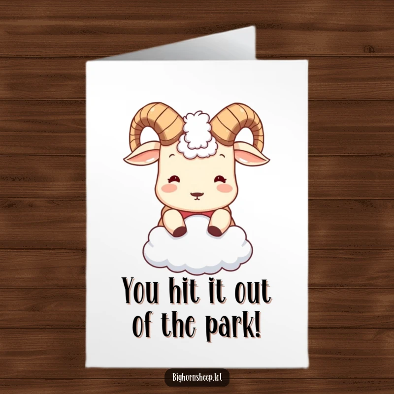 Funny Free Printable Congrats Card: Adorable bighorn sheep with small horns nudging a soft cloud, great for DIY celebrations.