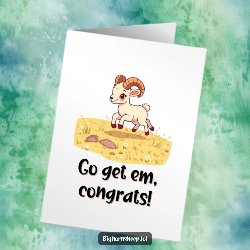 Free printable congratulations card shows a happy bighorn sheep cub energetically bounding through a sunny meadow, full of life.