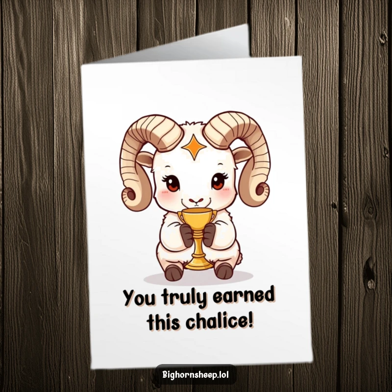 Funny Free Printable Congrats Card: Bighorn sheep holding a miniature golden chalice, signifying a grand accomplishment, perfect for congratulations.
