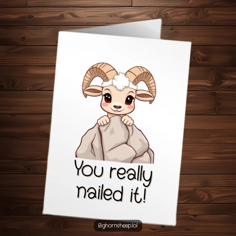 Funny Free Printable Congrats Card: Bighorn sheep peeking with interest over a rocky mountain outcrop.