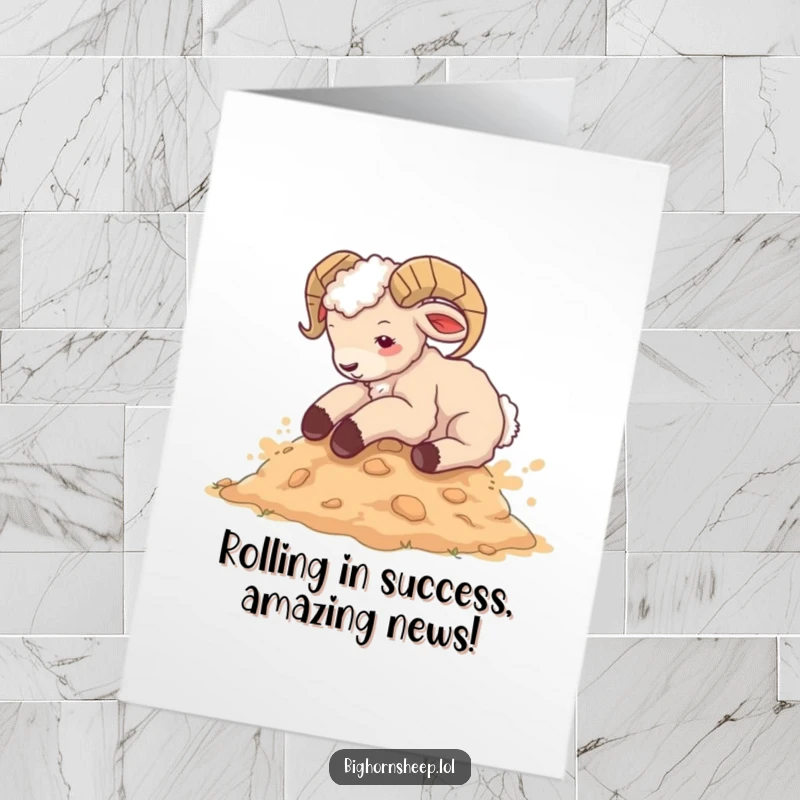 Free printable congratulations card captures a happy bighorn sheep cub rolling joyfully in a dust patch, spreading good cheer.