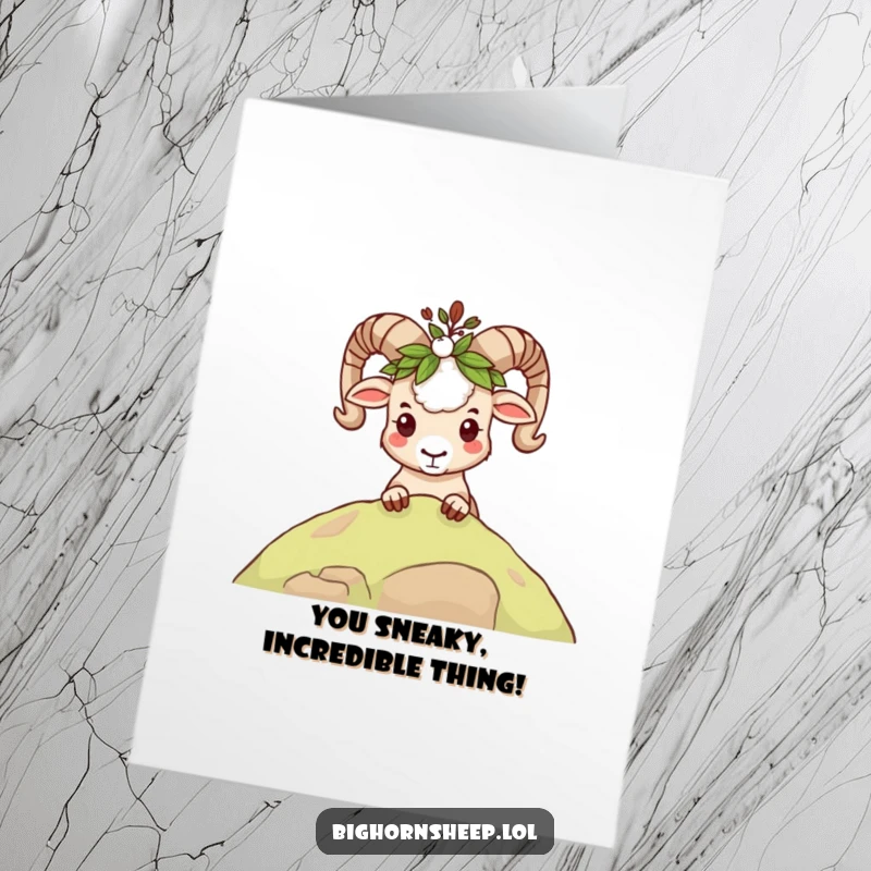 Funny Free Printable Congratulations Card with a mischievous bighorn sheep wearing a leafy crown, peeking out slyly.