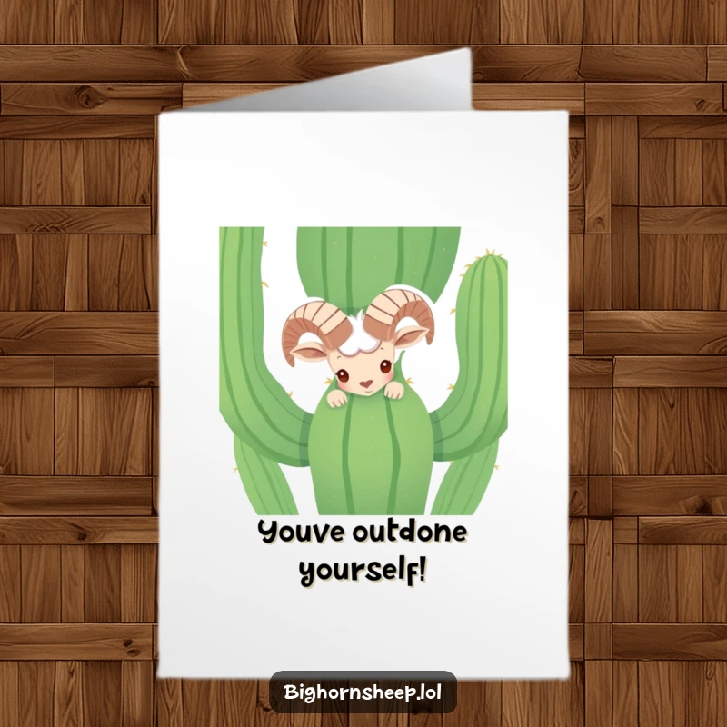 Funny Free Printable Congratulations Card: Shy Bighorn Sheep peeking shyly from behind a cactus, perfect for any achievement.