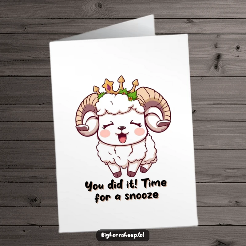 Funny Free Printable Congratulations Card featuring a sleepy bighorn sheep in a mossy crown, yawning contentedly.