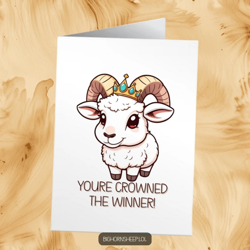 Funny Free Printable Congrats Card: Bighorn sheep wearing tiny crown sliding down horn in celebration.
